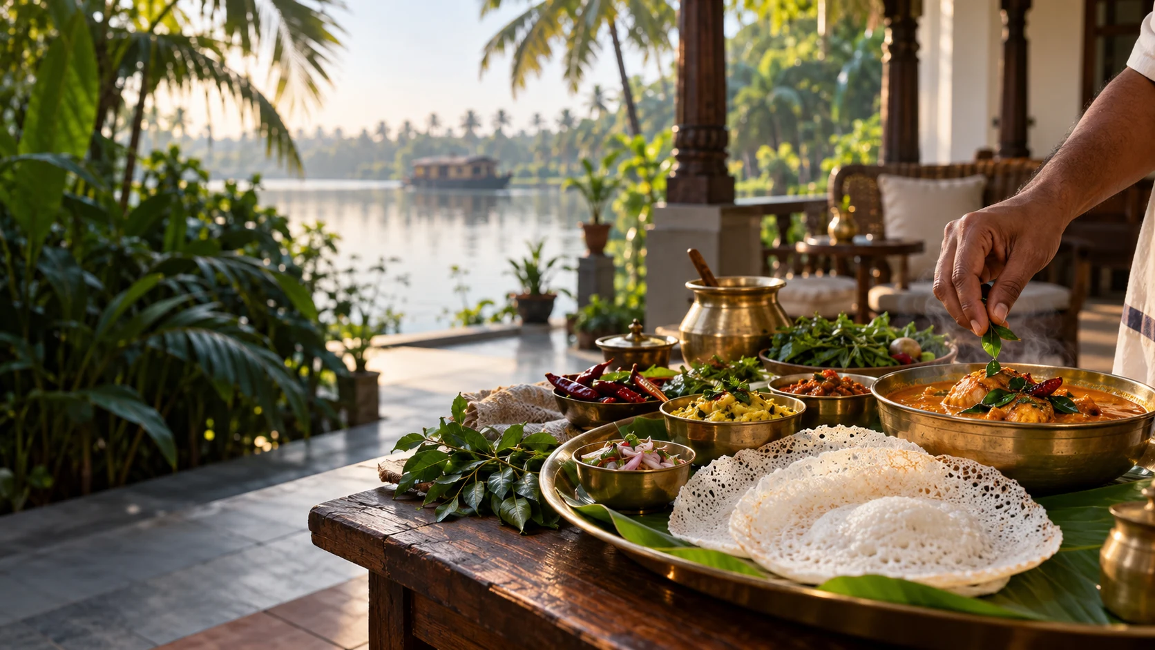 Illustrative Kerala meal with appam and curries beside the backwaters