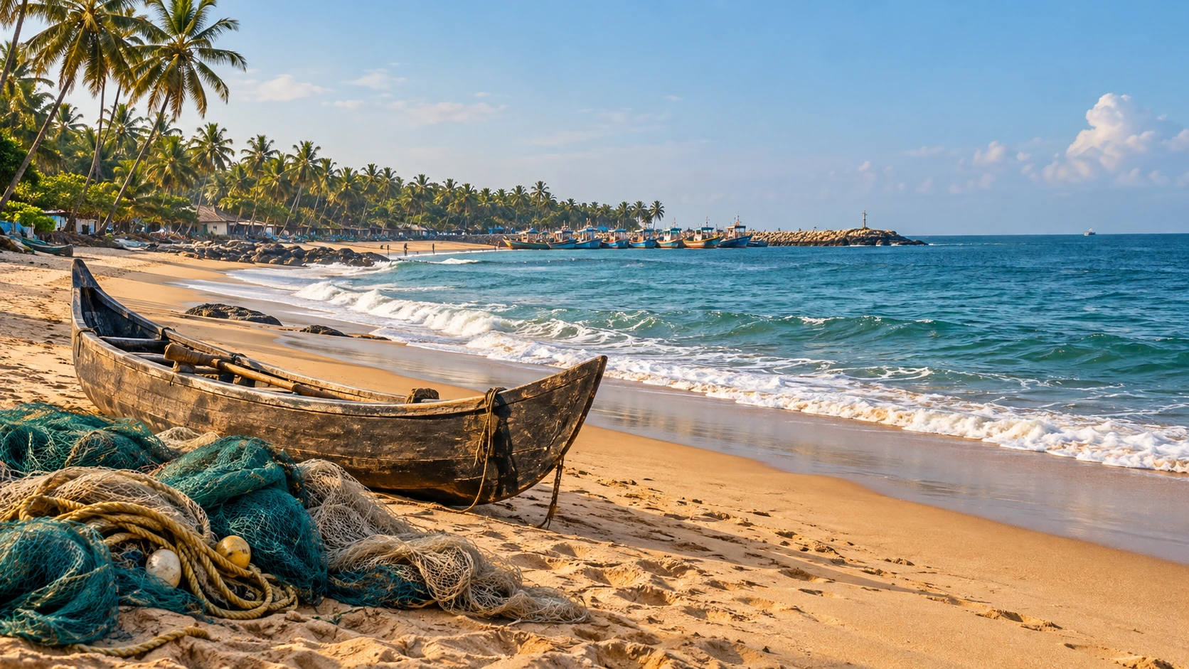 Illustrative Kerala coastline with a fishing boat and nets