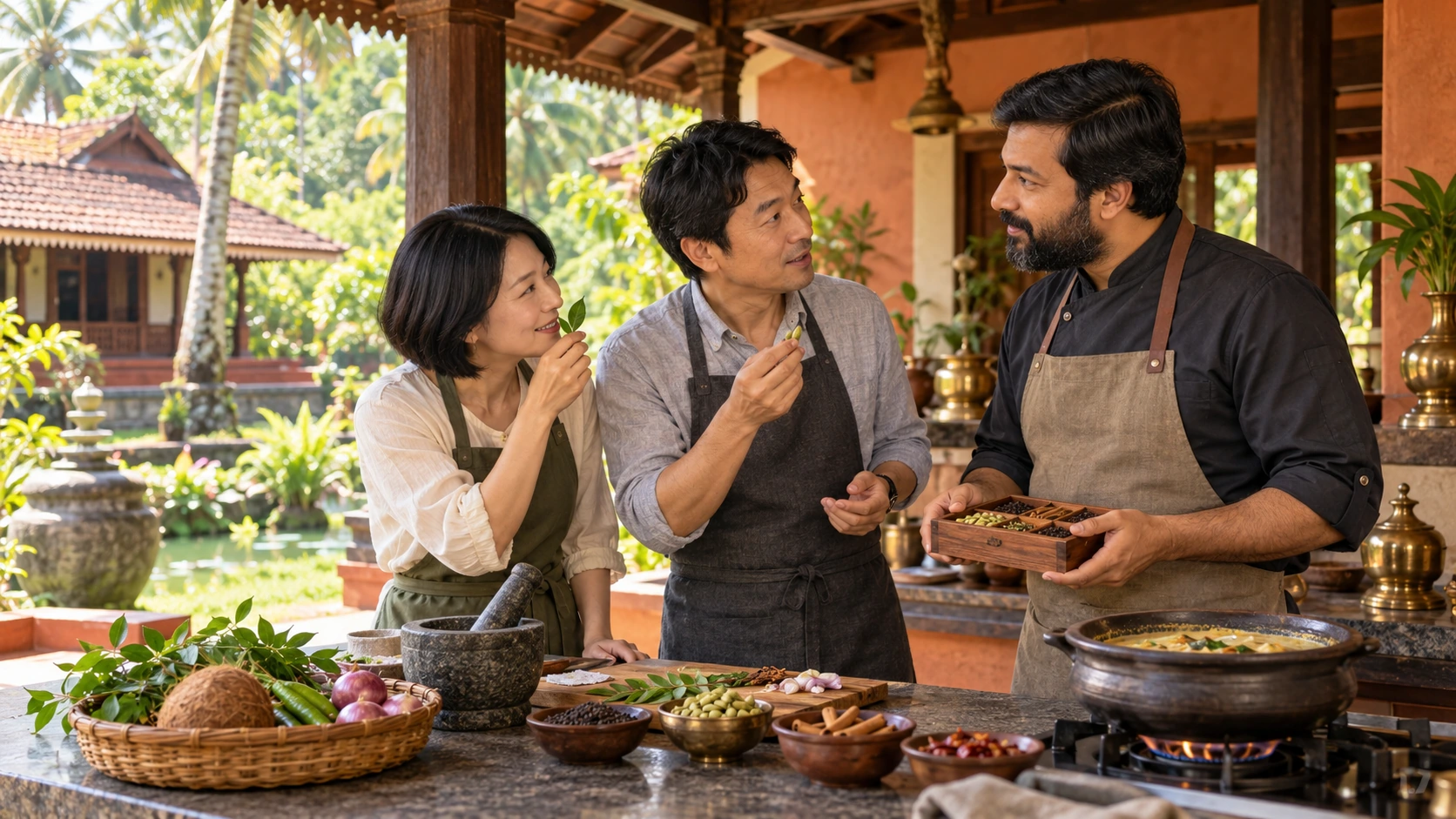 Chef explaining Kerala spices as two guests explore their aroma