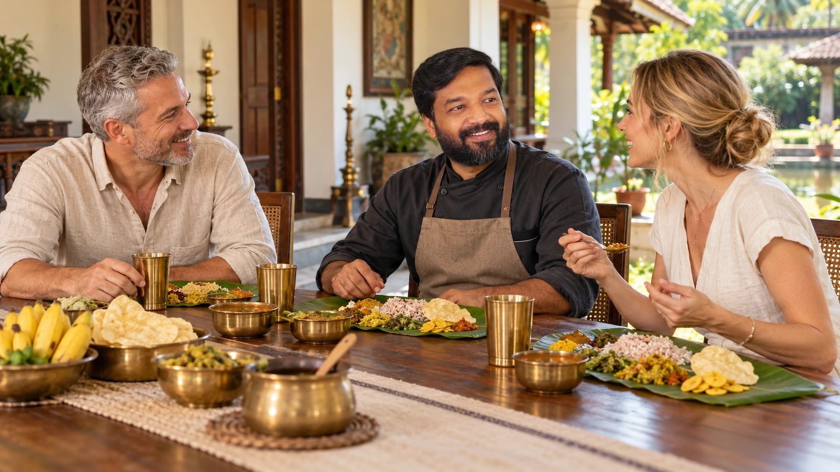 Chef and guests sharing laughter over a Kerala banana-leaf feast